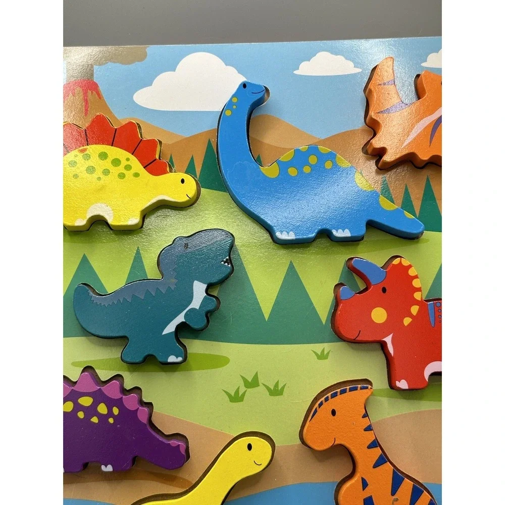 Wooden Arts Raised Chunky Dinosaurs Preschool 8 Pieces Wood TRAY Puzzle Colorful
